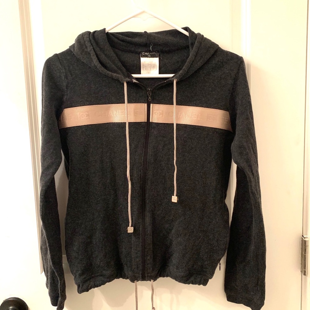 Chanel Gray Cotton/Cashmere Logo Drawstring Hoodie